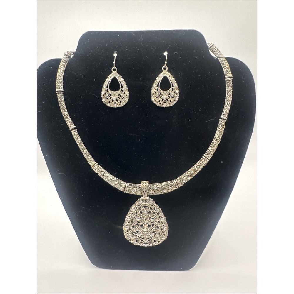 1928 Jewelry Signed Necklace Earring Set Silver Tone Filigree Teardrop Victorian